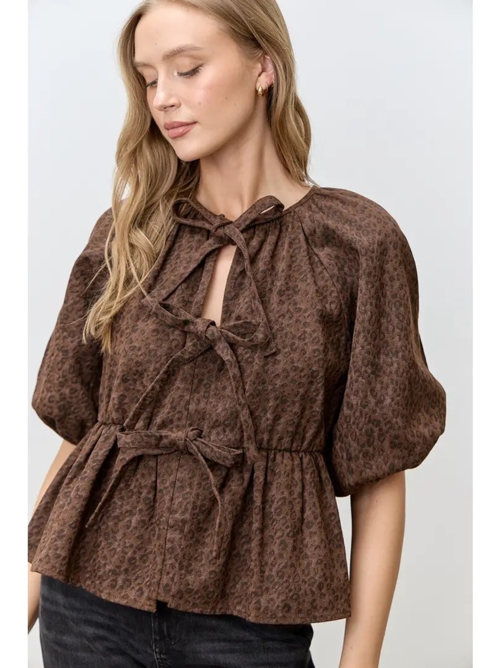 Polagram Chocolate Brown Tie-Front Peplum Blouse